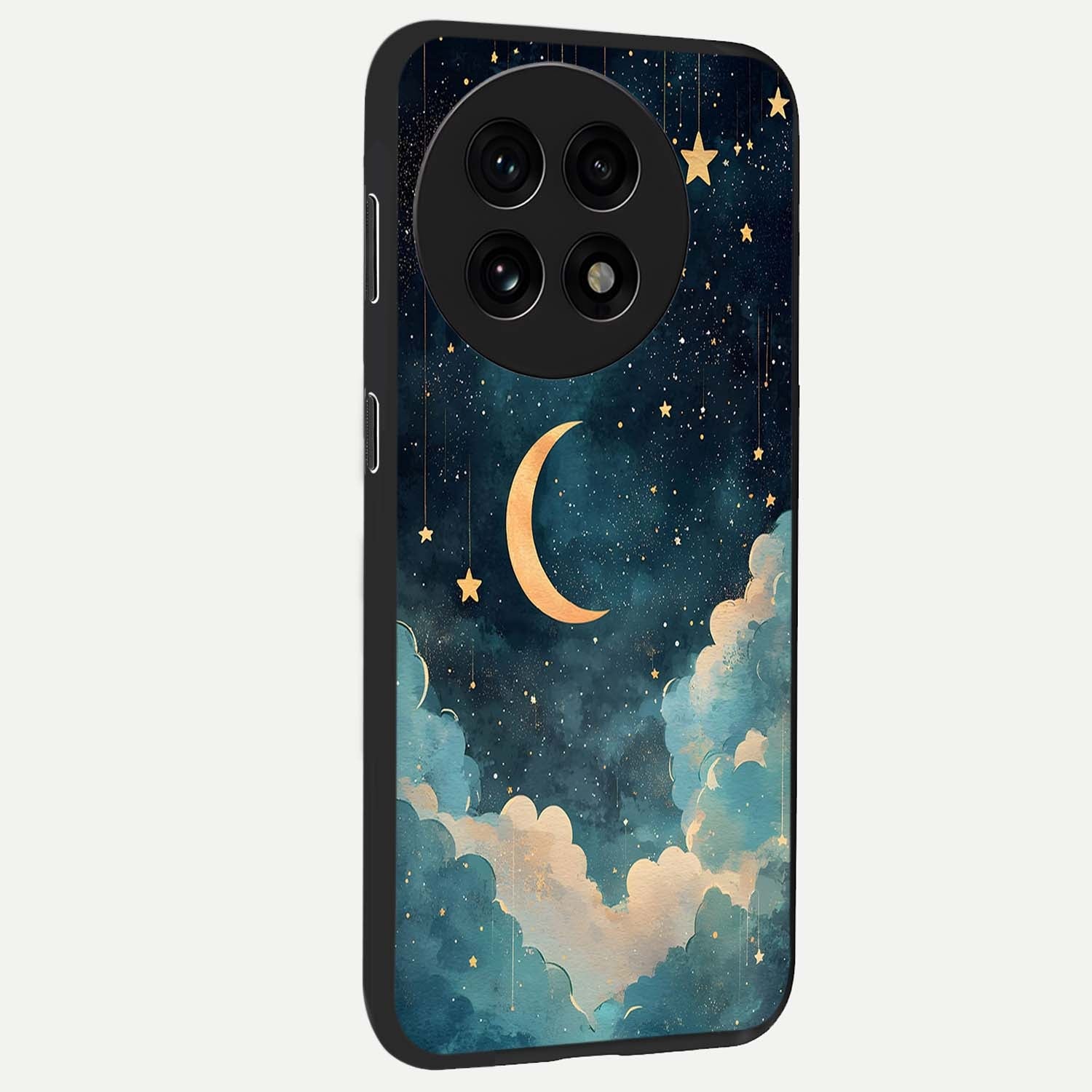 Crescent Galaxy Moon Glass Case for 1+13R side perspective highlighting luminous moon details and premium build
