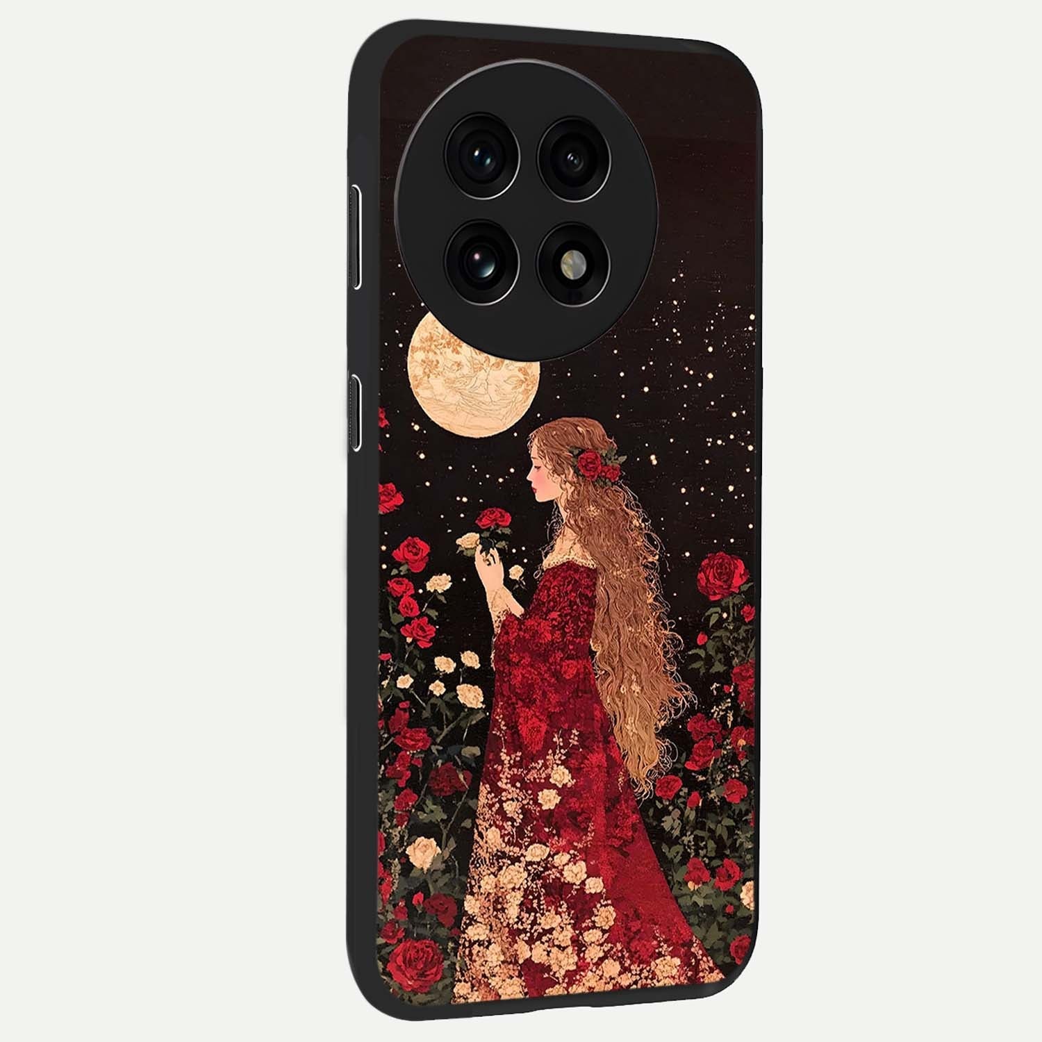 Crimson Dreams Glass Case for 1+13R side perspective highlighting vibrant tones and premium edge detailing