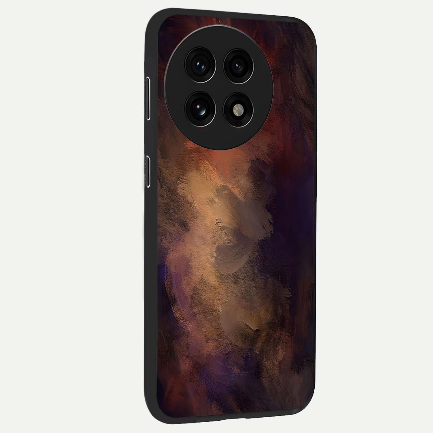 Crimson Dusk Whirl Glass Case for 1+13R side perspective highlighting fluid red textures and sleek build
