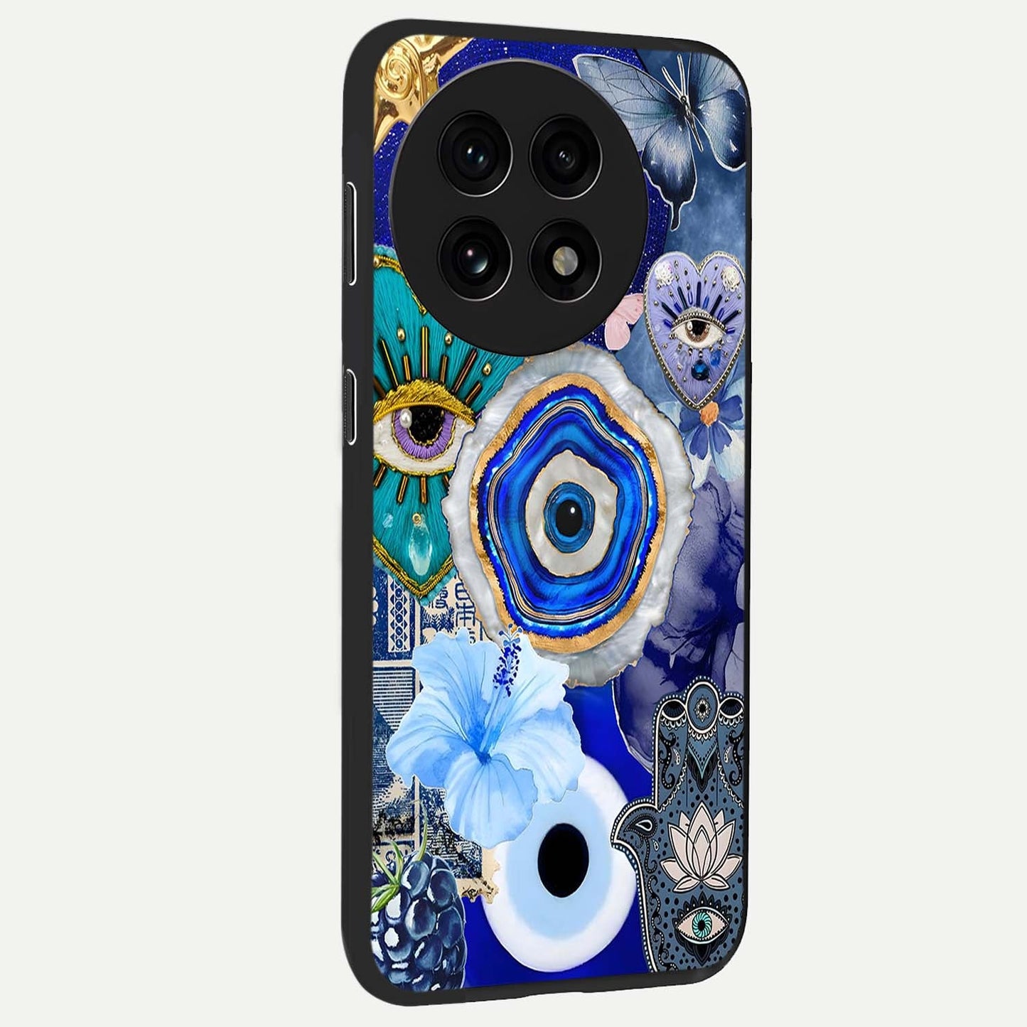 Crimson Evil Eye Charm Glass Case for 1+13R side perspective highlighting intricate charm design and smooth edges