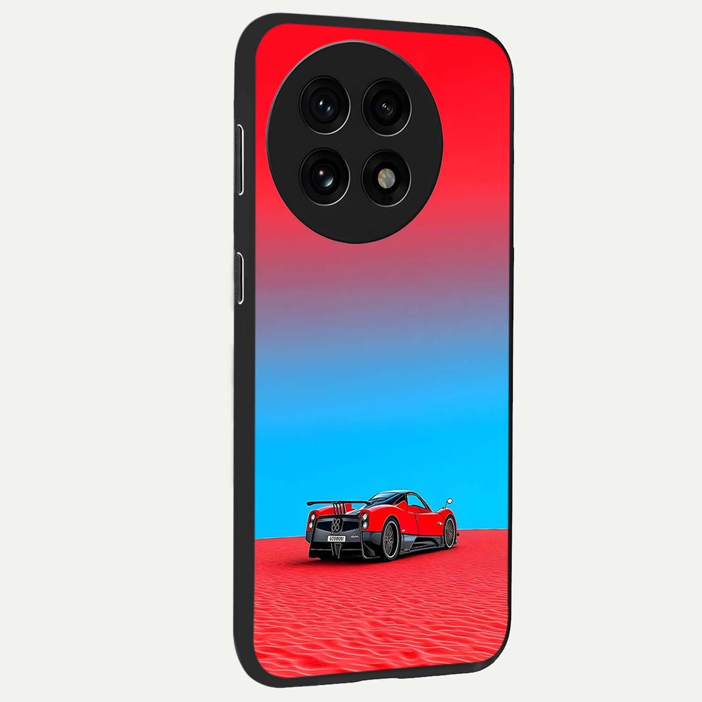 Crimson Speed Mirage Glass Case for 1+13R side perspective highlighting smooth aerodynamic design and premium edges