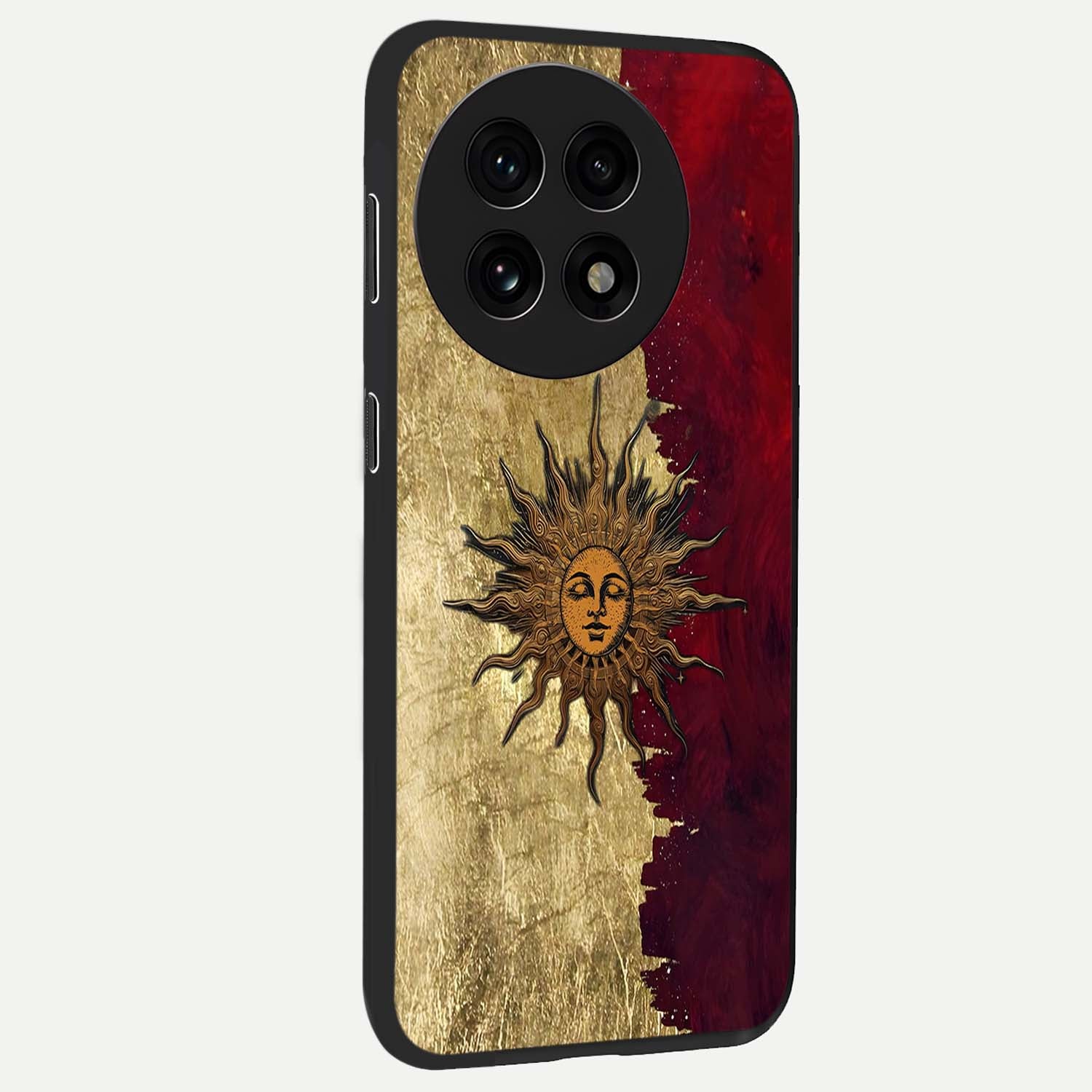 Crimson Sun Majesty Glass Case for 1+13R side perspective highlighting vibrant sun detailing and smooth edges