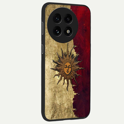 Crimson Sun Majesty Glass Case for 1+13R side perspective highlighting vibrant sun detailing and smooth edges