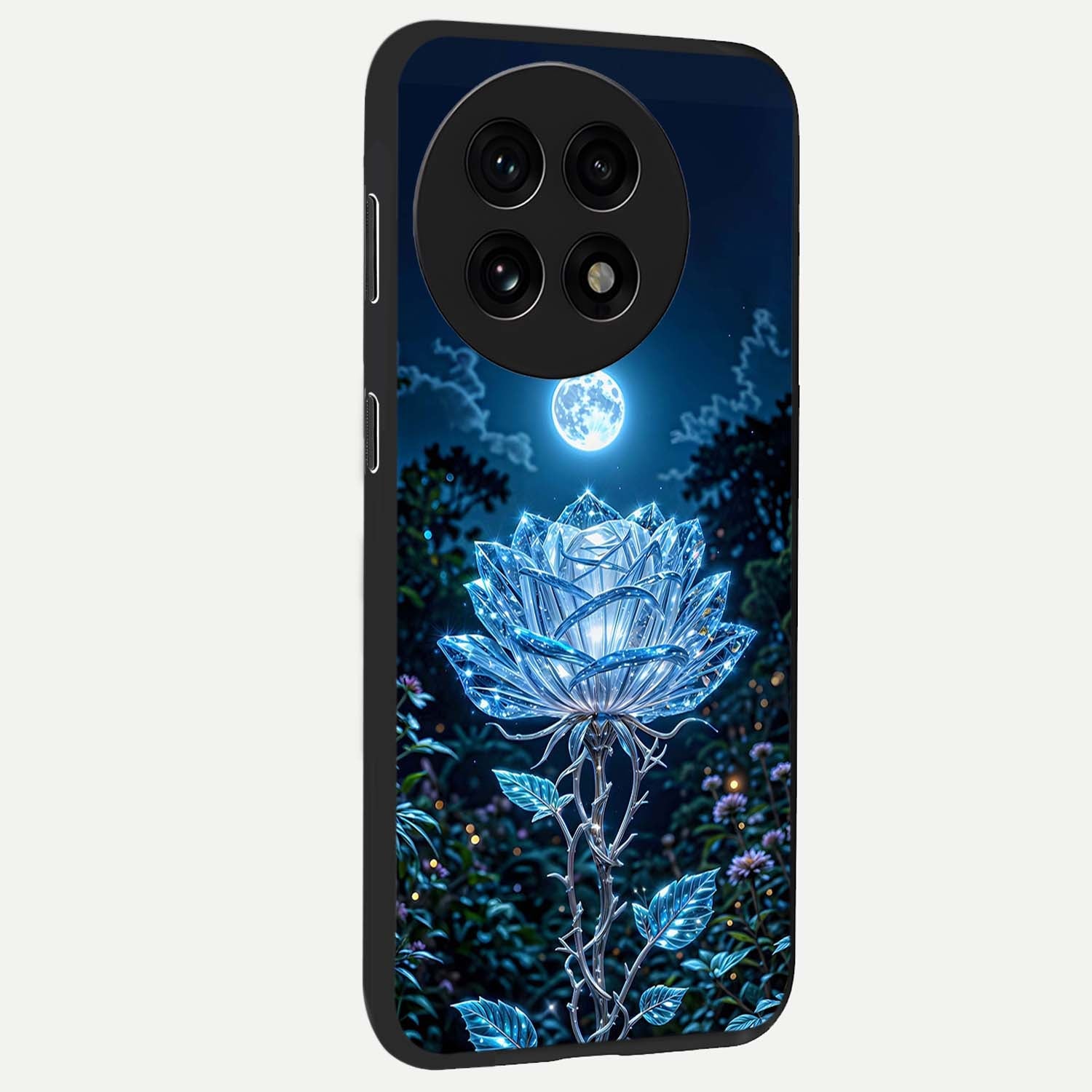 Crystal Moon Lotus Glass Case for 1+13R side perspective highlighting soft celestial tones and premium edge finish
