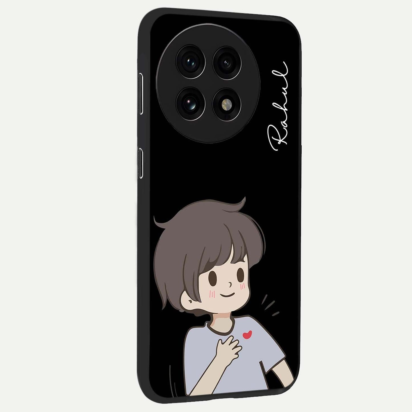 Cute Boy Heart Reaction Glass Case for 1+13R side perspective highlighting expressive illustration details and premium edges