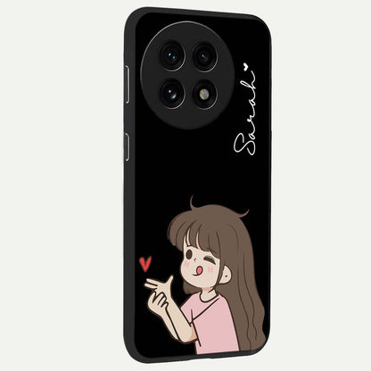 Cute Girl Firing Heart Glass Case for 1+13R side perspective highlighting playful design elements and sleek build