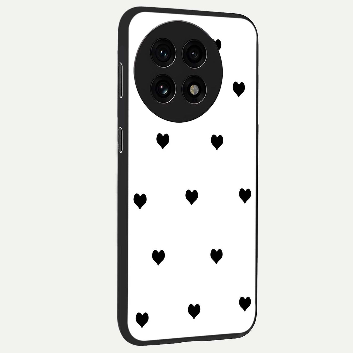 Cute Simple black Hearts Glass Case for 1+13R side perspective highlighting dramatic contrast and premium build