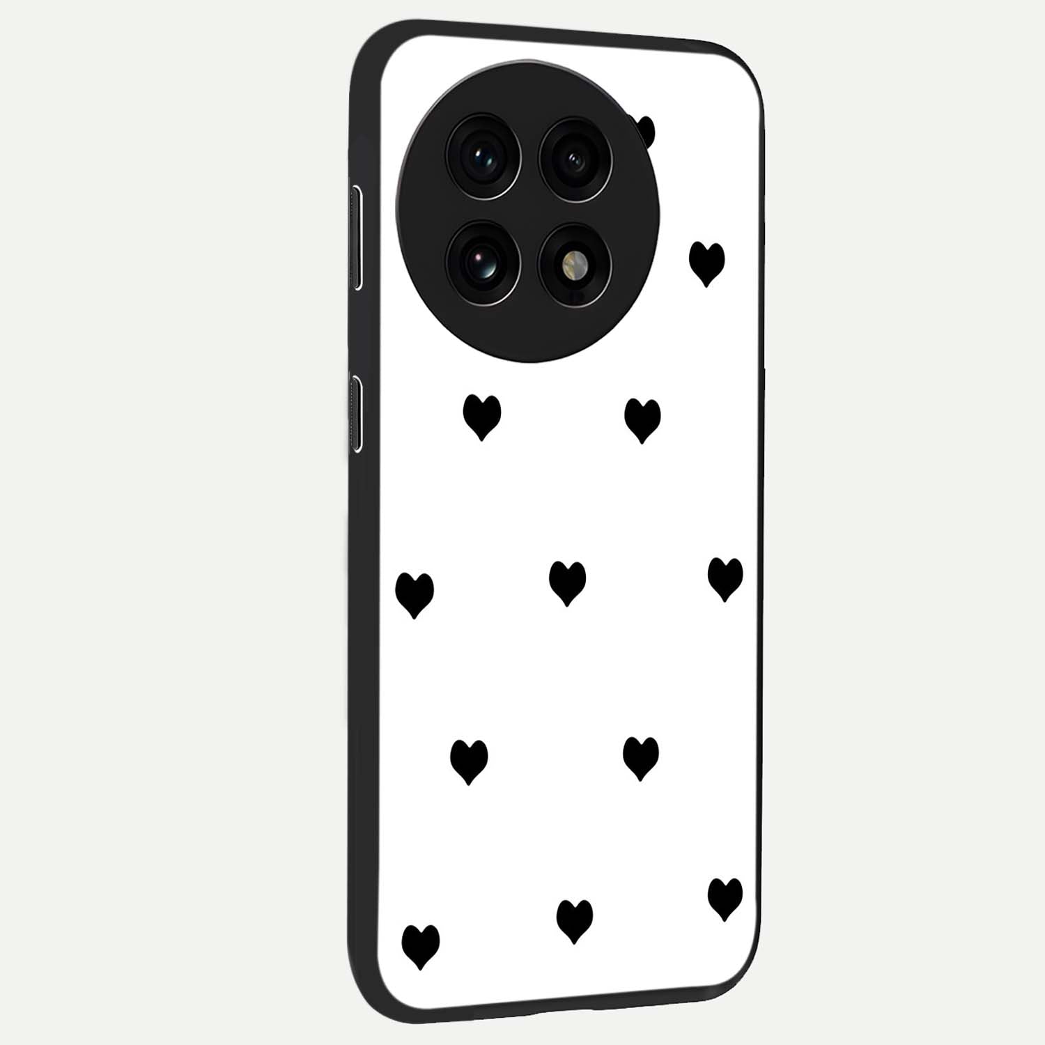 Cute Simple black Hearts Glass Case for 1+13R side perspective highlighting dramatic contrast and premium build