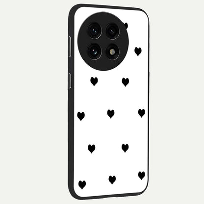 Cute Simple black Hearts Glass Case for 1+13R side perspective highlighting dramatic contrast and premium build
