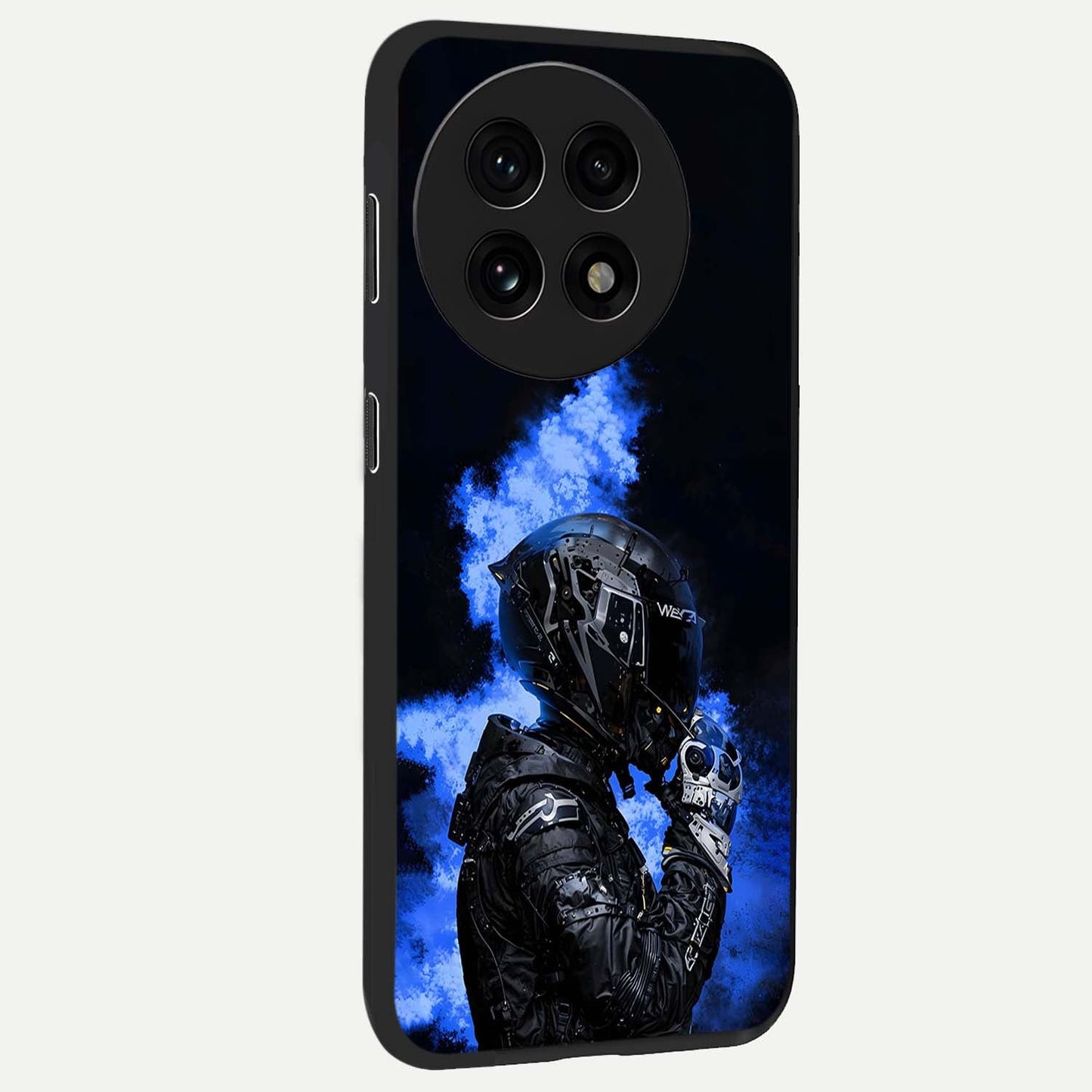 Cyber Sentinel Protocol Glass Case for 1+13R side perspective highlighting sharp digital textures and premium build