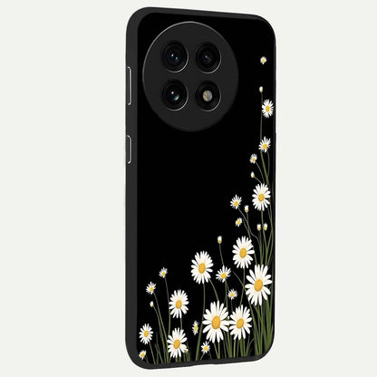 Daisy Cascade on Black Glass Case for 1+13R side perspective highlighting delicate daisy detailing and smooth edges