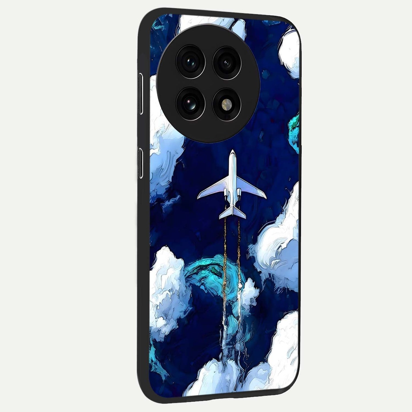 Dark Airplane Glass Case for 1+13R side perspective highlighting sleek aviation detailing and premium build