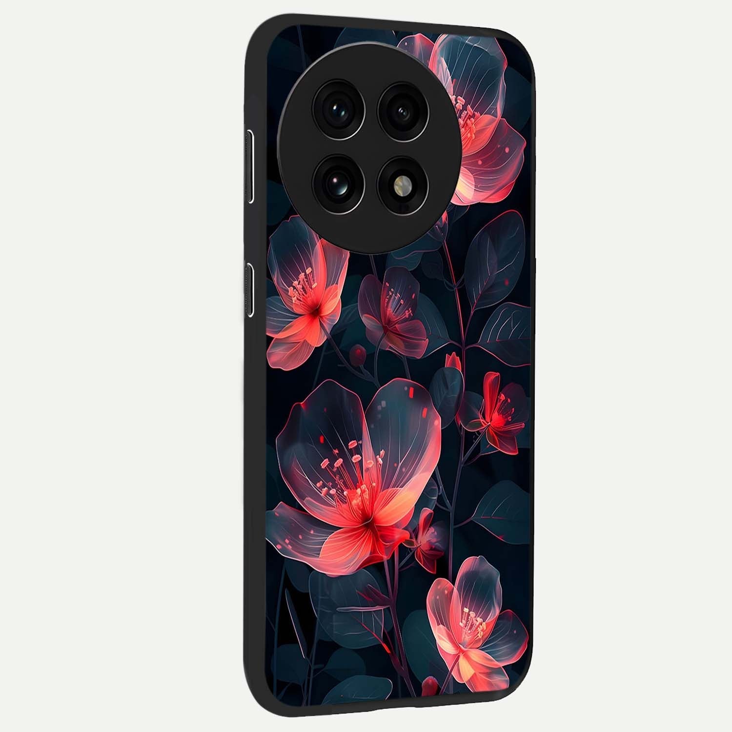 Dark Shade of Flower Glass Case for 1+13R side perspective highlighting elegant dark floral textures and sleek build