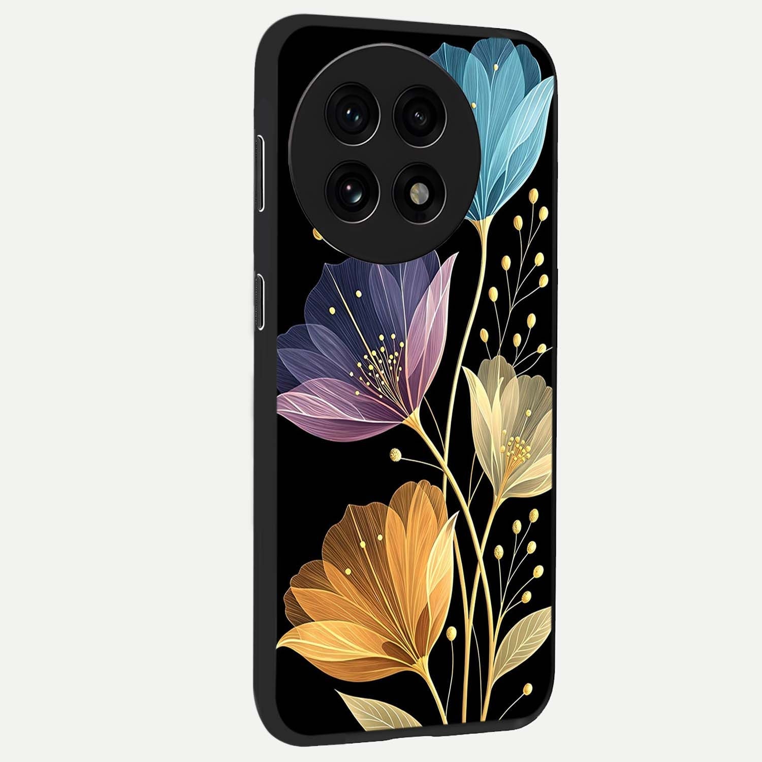 Delicate Multicolor Flowers Glass Case for 1+13R side perspective highlighting colorful floral textures and premium edges