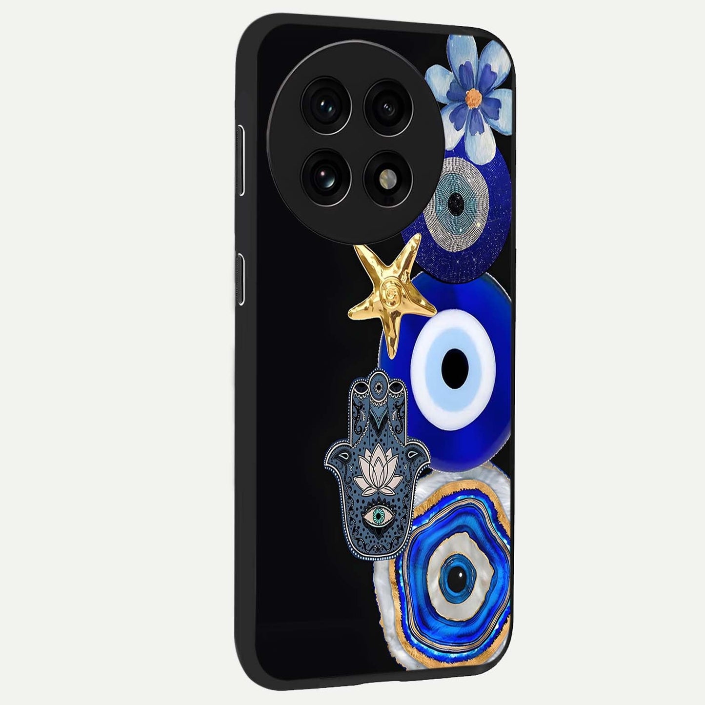 Divine Eye Bloom Glass Case for 1+13R side perspective highlighting intricate bloom patterns and sleek build