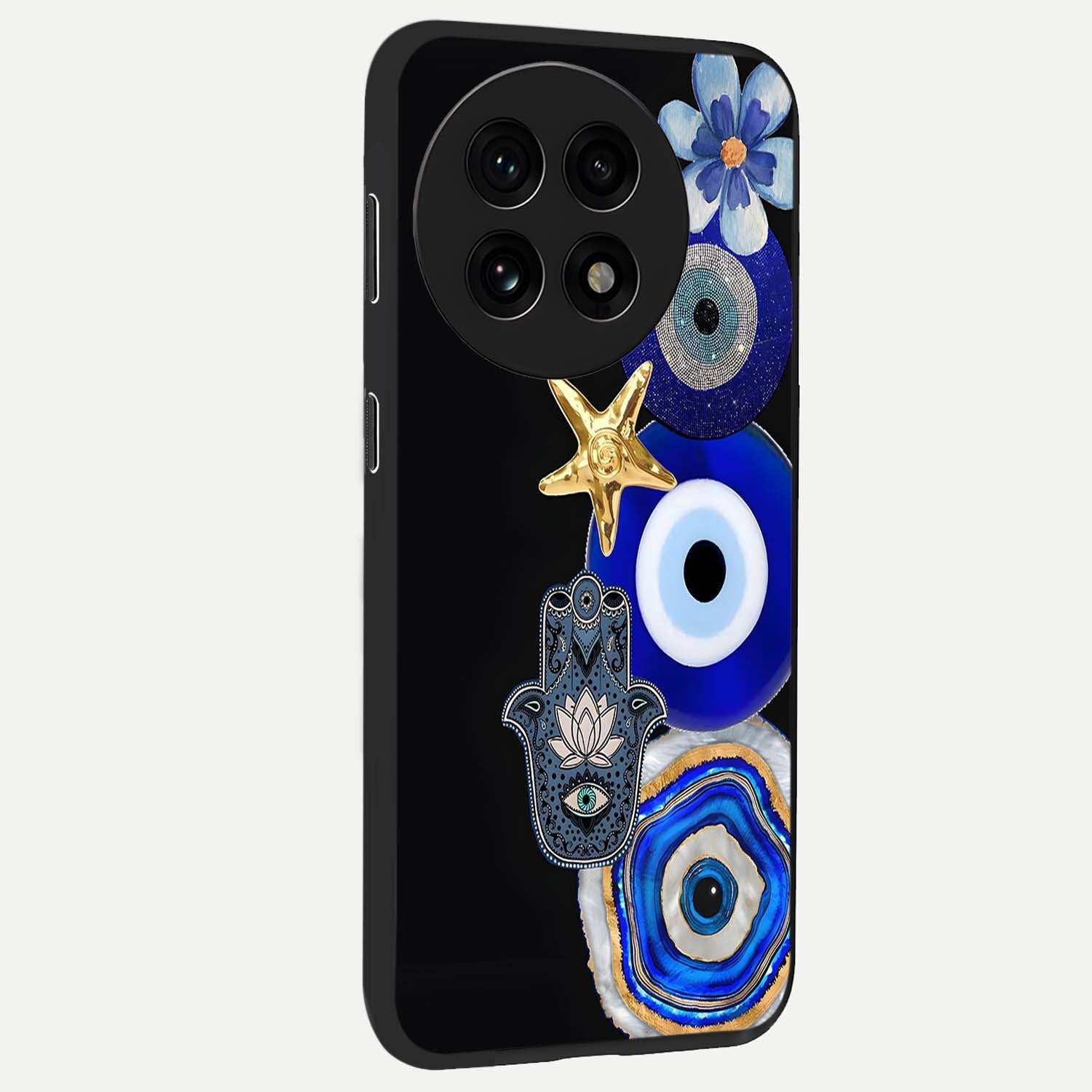 Divine Eye Bloom Glass Case for 1+13R side perspective highlighting intricate bloom patterns and sleek build