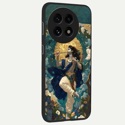 Divine Krishna Art Glass Case for 1+13R side perspective highlighting intricate divine illustration and premium edges