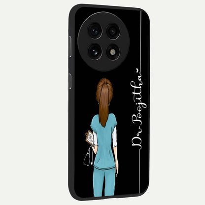 Doctor Pattern Custom Name Glass Case for 1+13R side perspective highlighting custom typography and smooth premium edges