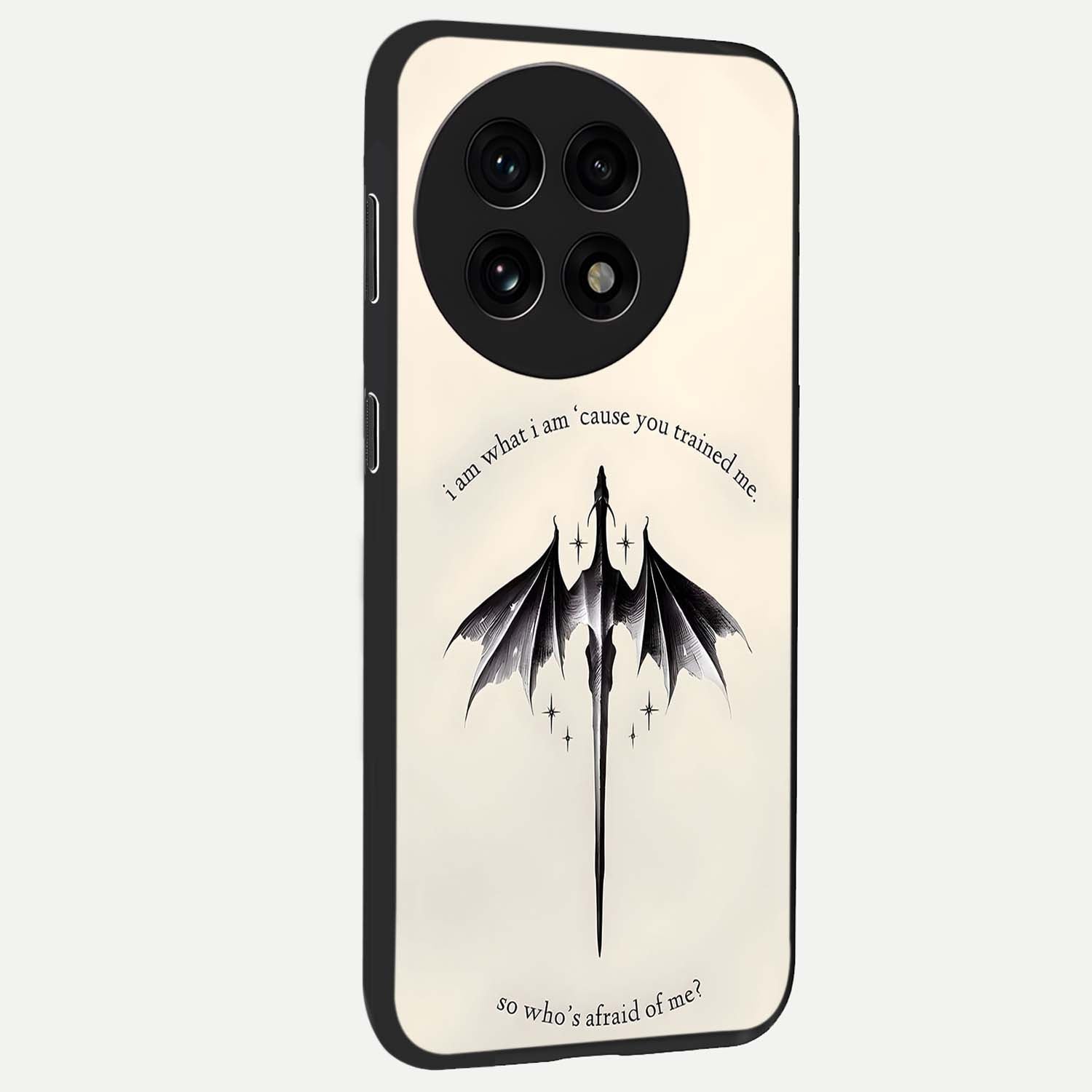 Dragon Quote Art Glass Case for 1+13R side perspective highlighting intricate dragon textures and sleek build