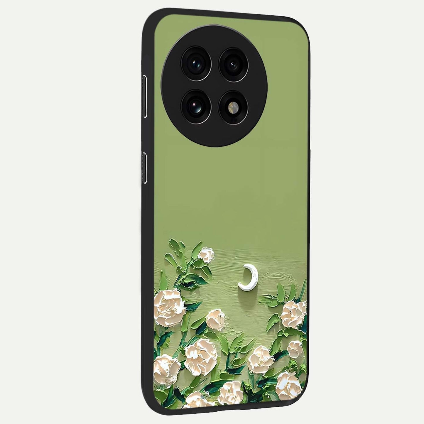Emerald Bloom Calm Glass Case for 1+13R side perspective highlighting delicate bloom detailing and smooth edges