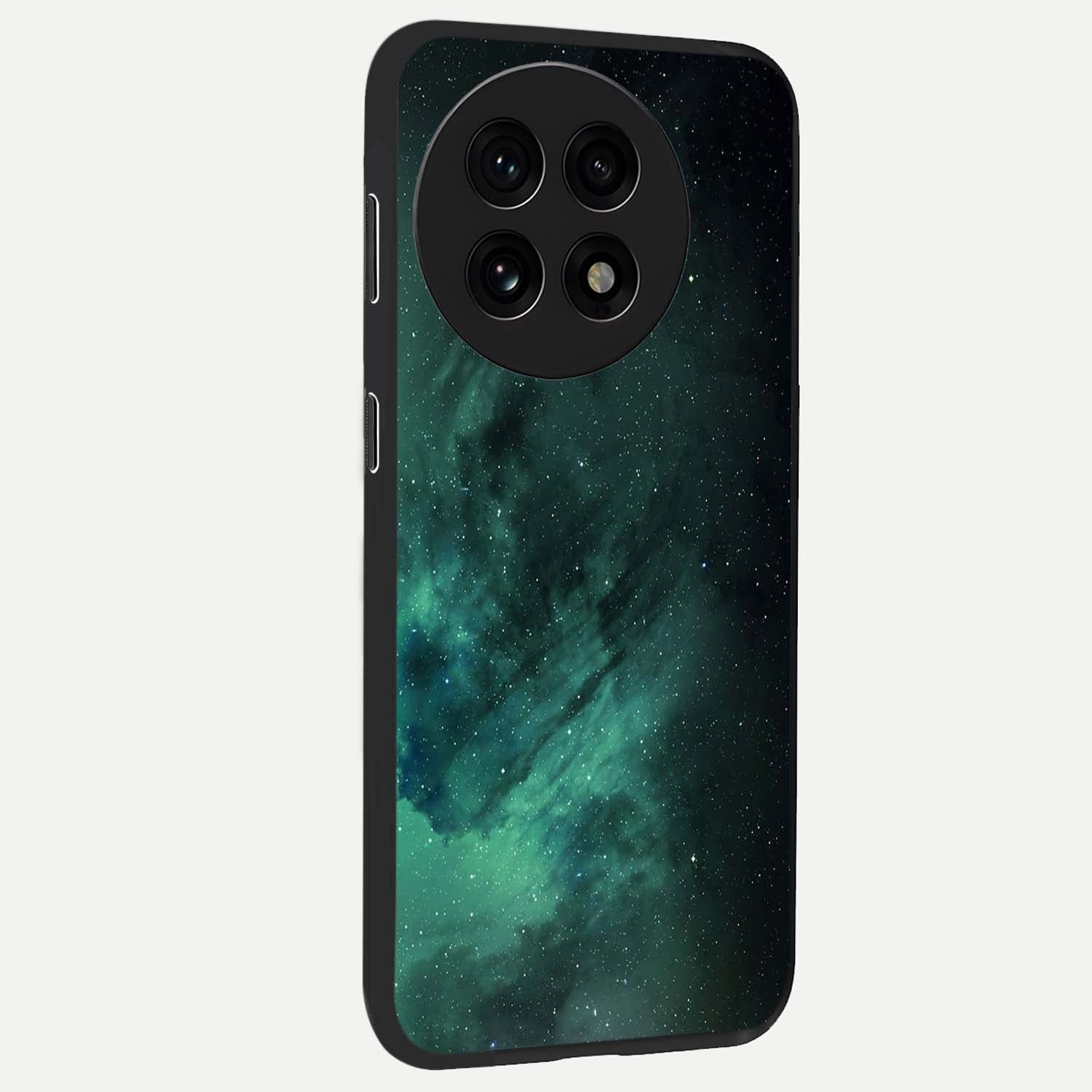 Emerald Green Space Glass Case for 1+13R side perspective highlighting luminous detailing and premium edge finish