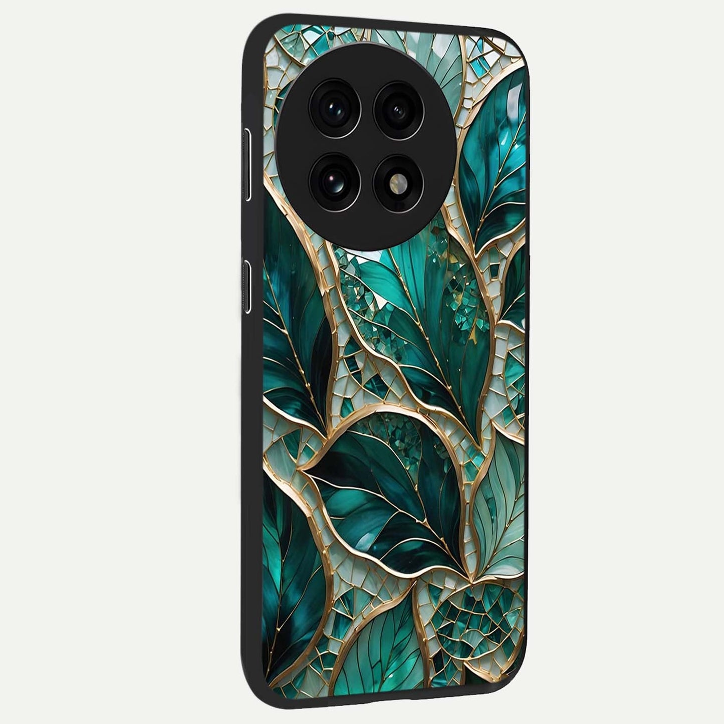 Emerald Leaf Glass Case for 1+13R side perspective highlighting refined leaf textures and sleek build
