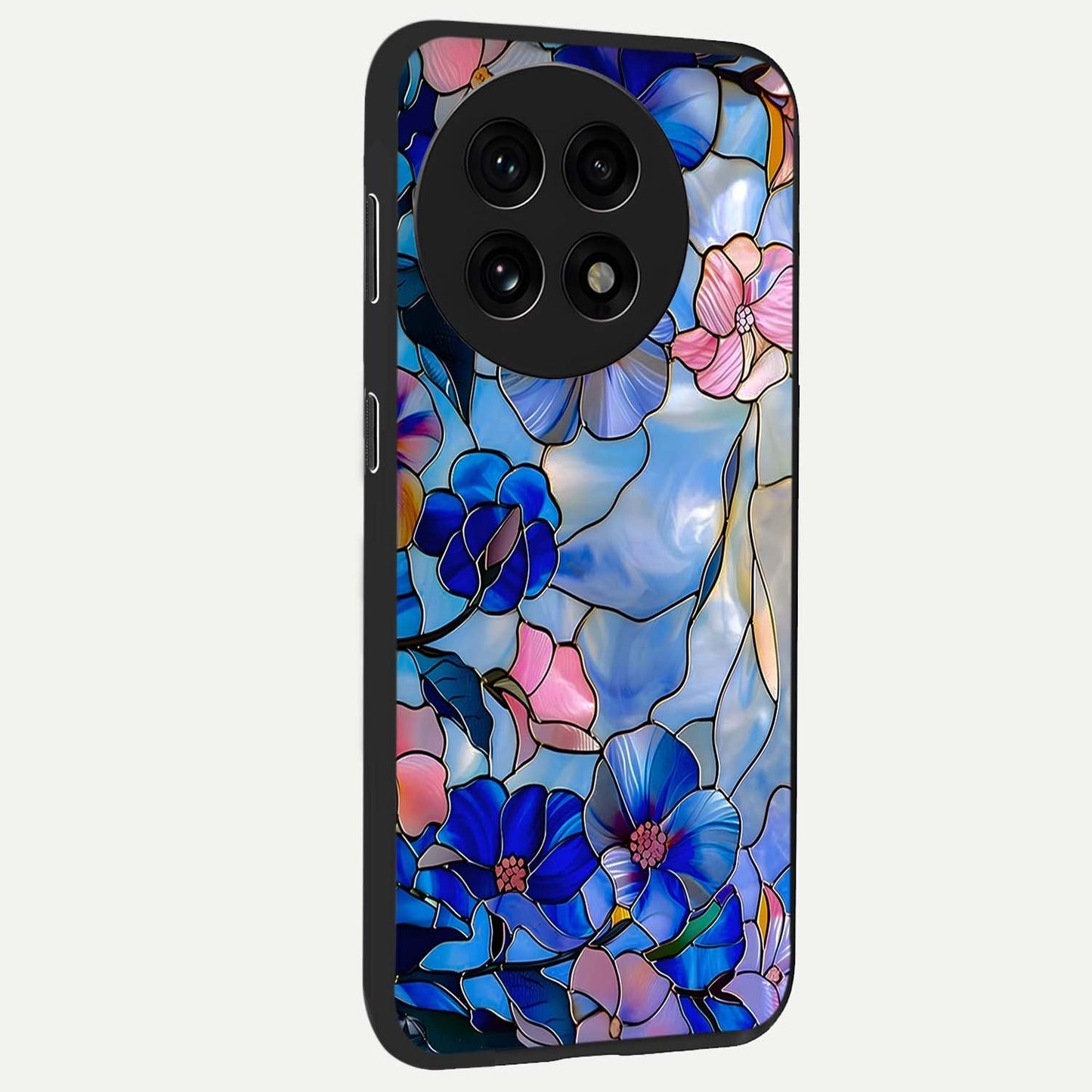 Eternal Floral Stained Glass Case for 1+13R side perspective highlighting colorful floral detailing and premium edge finish