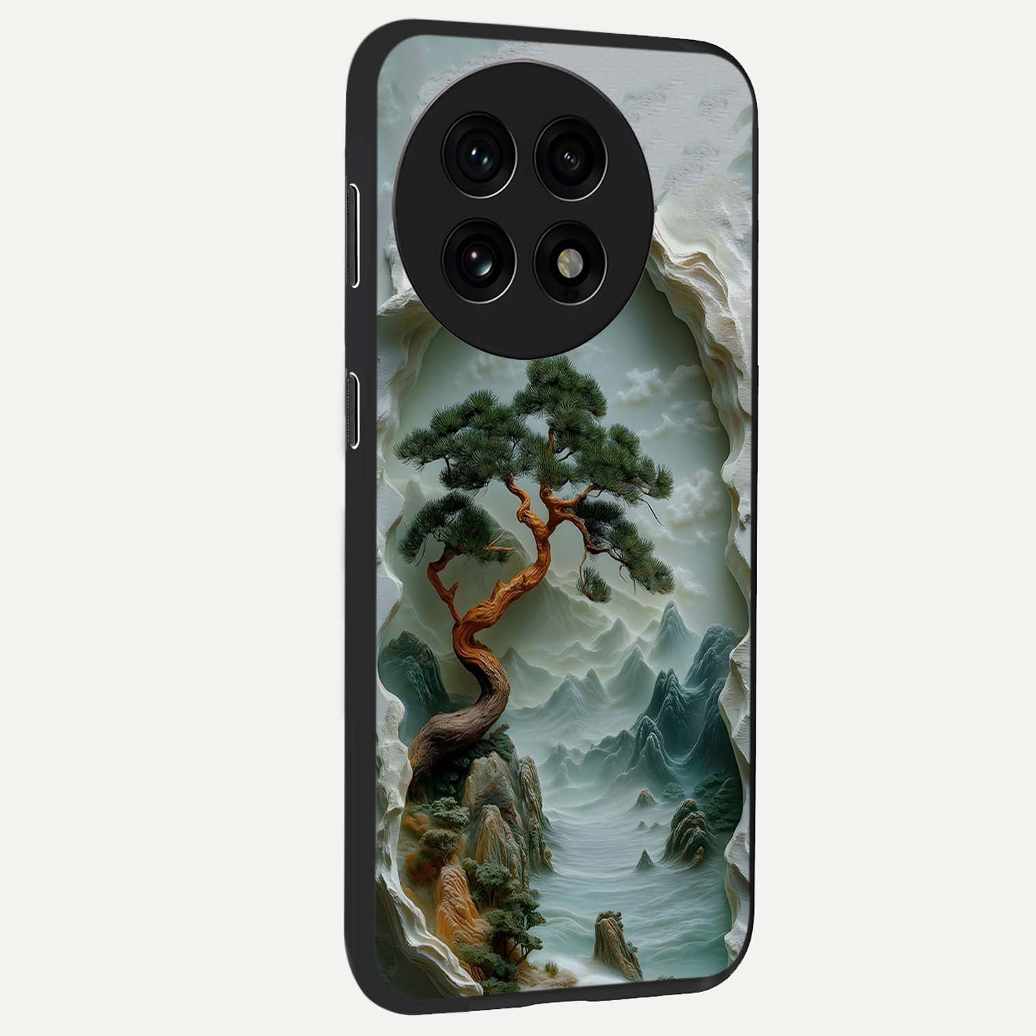 Eternal Nature Spirit Glass Case for 1+13R side perspective highlighting organic textures and sleek build