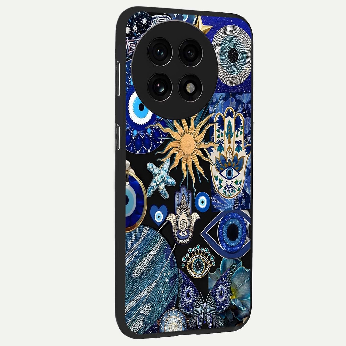 Evil Eye Charm Mix Glass Case for 1+13R side perspective highlighting intricate charm detailing and smooth build