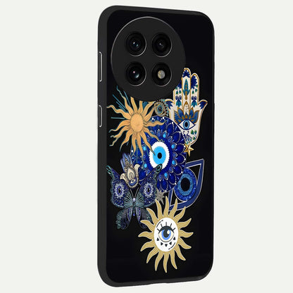 Evil Eye Charm Vibes Glass Case for 1+13R side perspective highlighting vibrant textures and premium edge finish