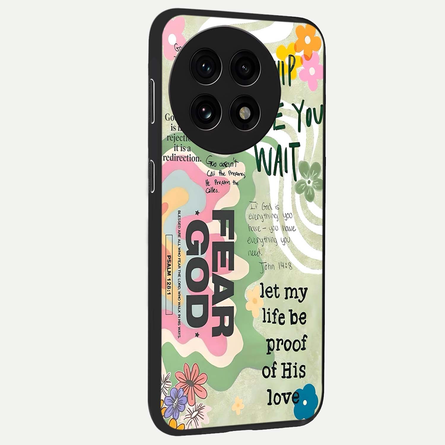 Faith Over Fear Glass Case for 1+13R side perspective highlighting powerful text detailing and premium edges