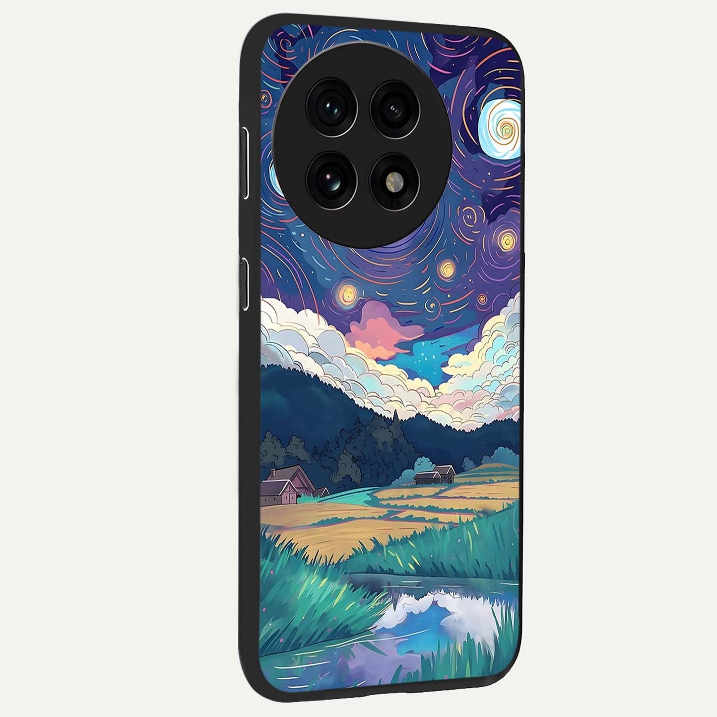 Fields Beneath the Cosmos Glass Case for 1+13R side perspective highlighting serene landscape textures and premium edges