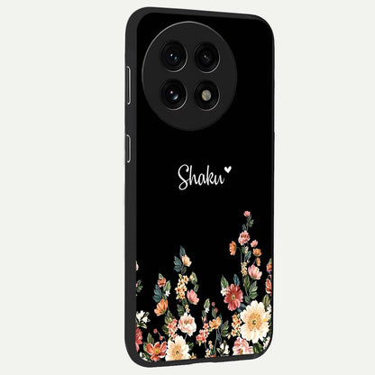 Floral Design With a Custom Personalized Name Glass Case for 1+13R side perspective highlighting custom typography and premium edges