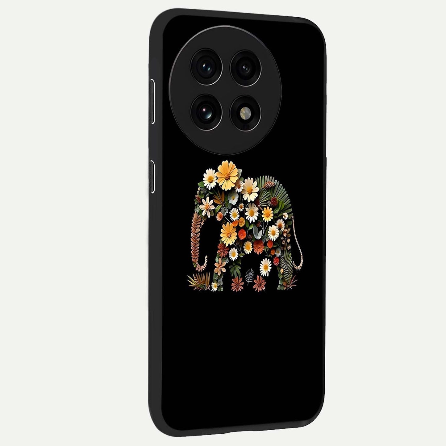 Floral Elephant Glass Case for 1+13R side perspective highlighting intricate artwork and smooth premium build