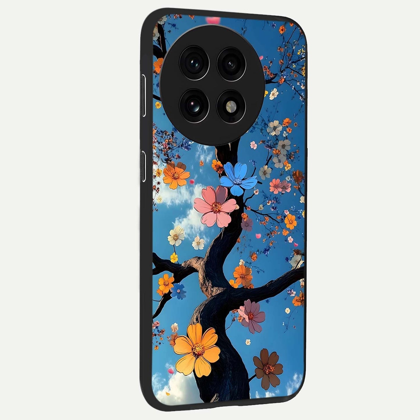 Floral Tree Glass Case for 1+13R side perspective highlighting vibrant floral patterns and sleek edges