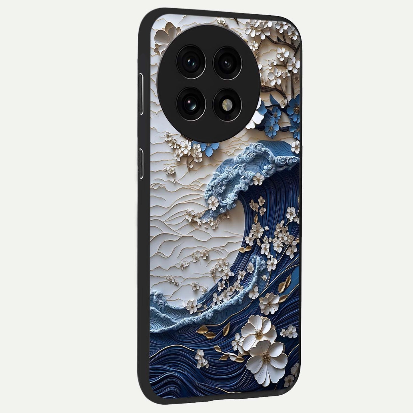Floral Wave Origami Glass Case for 1+13R side perspective highlighting sharp origami textures and sleek premium edges