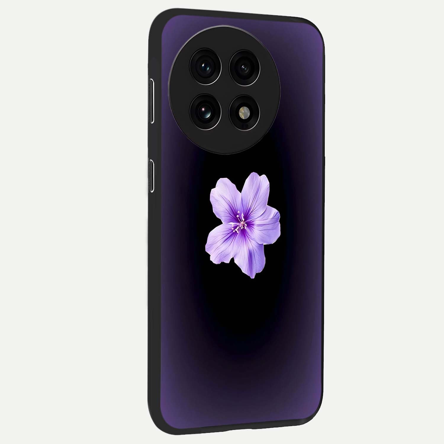 Flower on Soft Violet Gradient Glass Case for 1+13R side perspective highlighting delicate bloom detailing and smooth edges