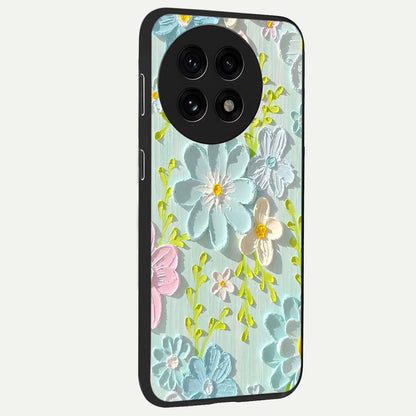 Frosted Petal Garden Glass Case for 1+13R side perspective highlighting subtle petal textures and sleek premium build