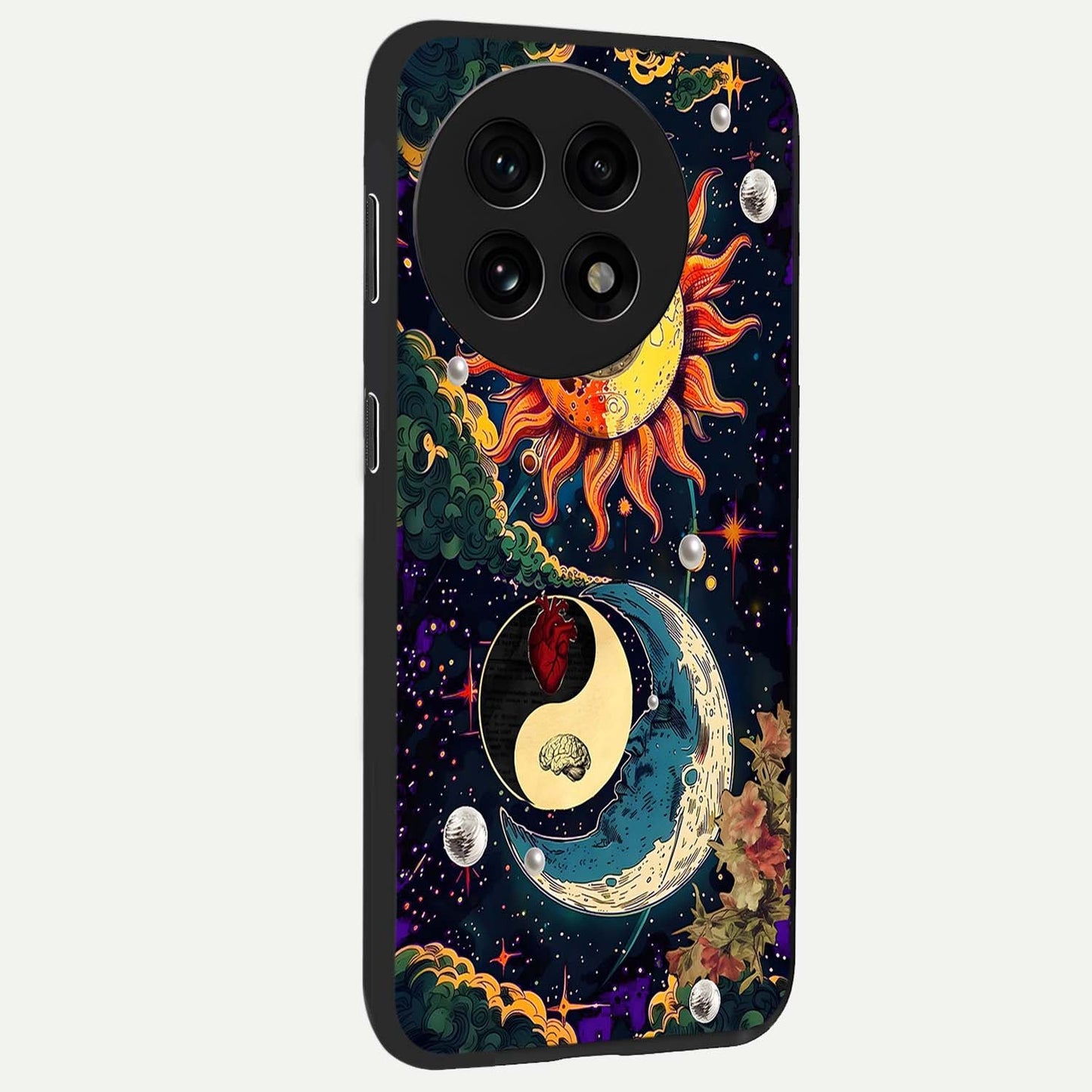Future Universe Glass Case for 1+13R side perspective highlighting dynamic galaxy textures and premium edges