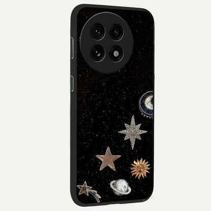 Galactic Charm Glow Glass Case for 1+13R side perspective highlighting vibrant star detailing and sleek premium edges
