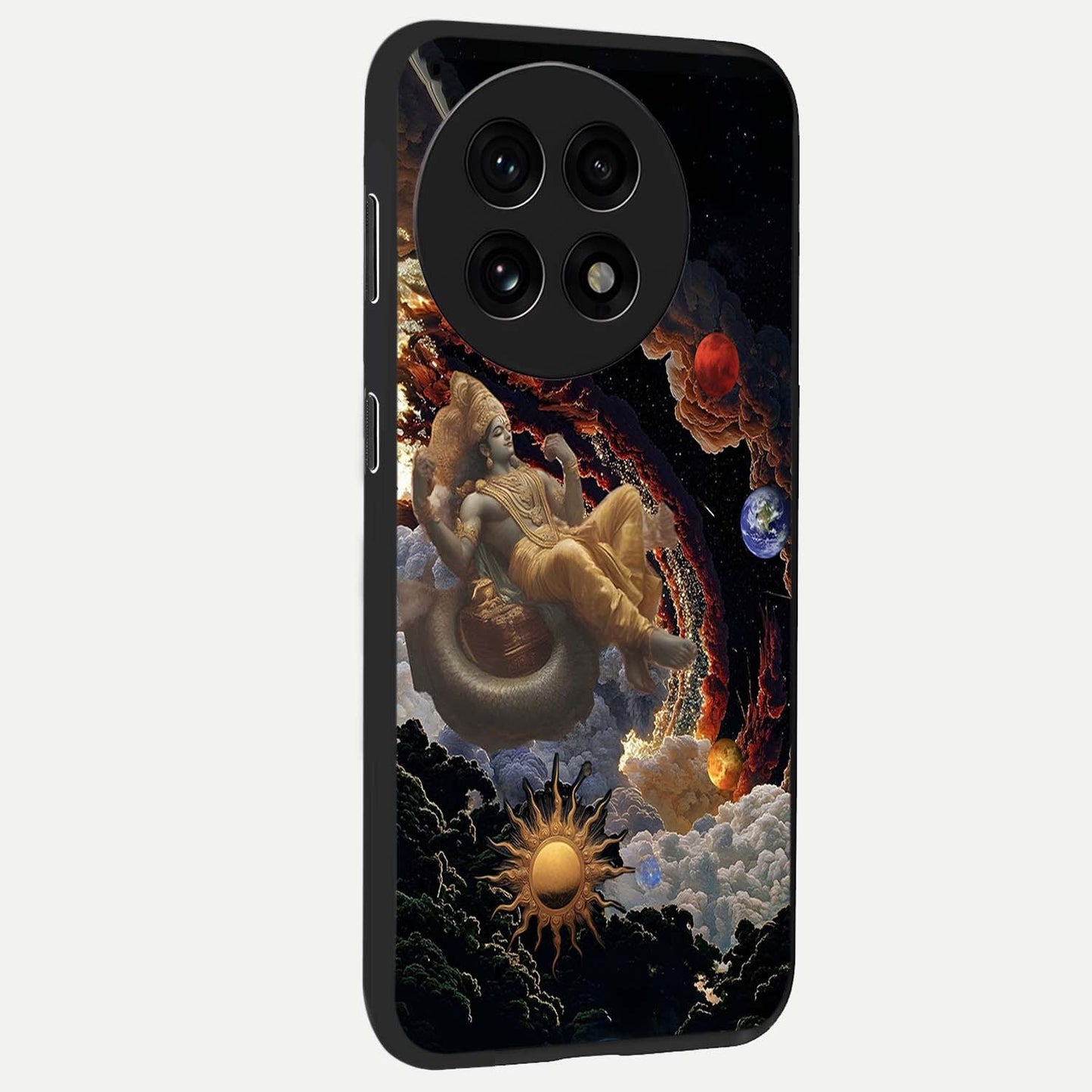 Galactic Divine God Glass Case for 1+13R side perspective highlighting intricate divine detailing and premium edge finish