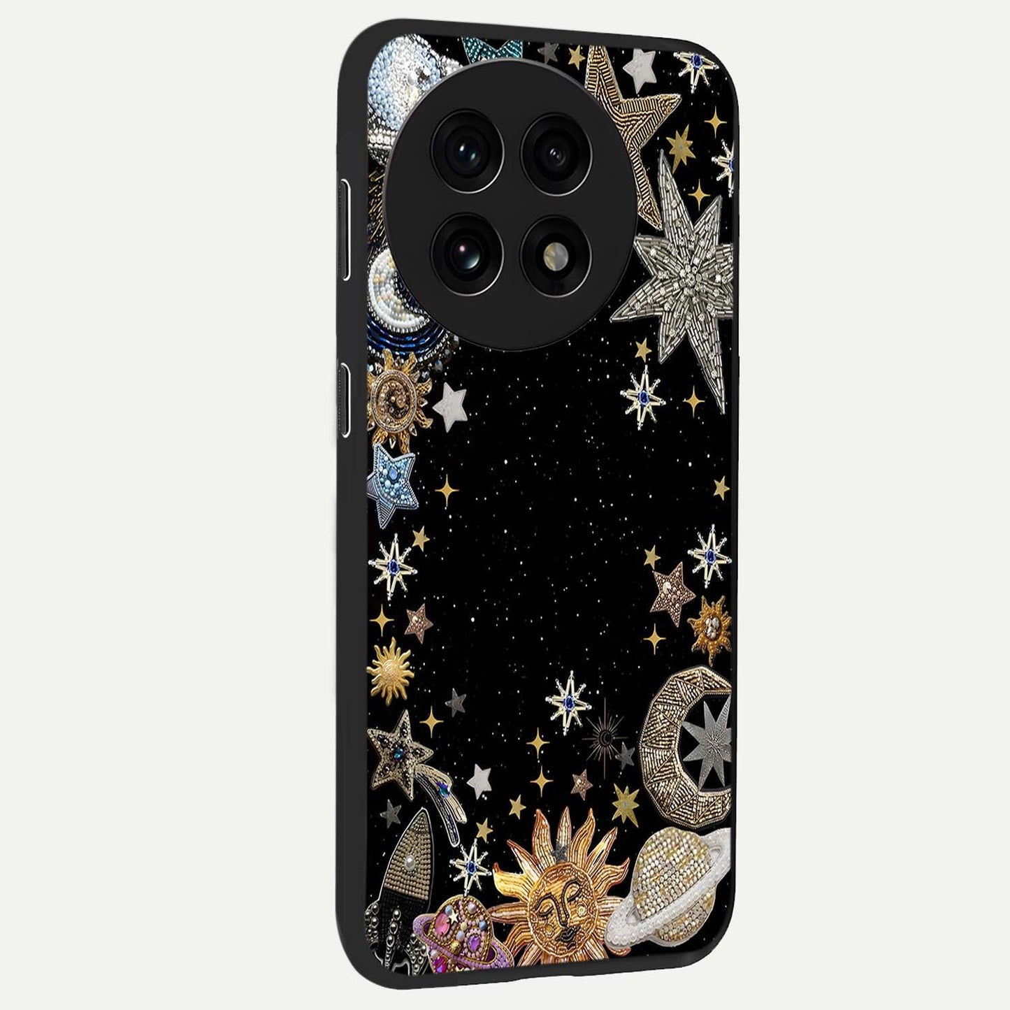 Galactic Jewel Stars Glass Case for 1+13R side perspective highlighting shimmering textures and premium edges