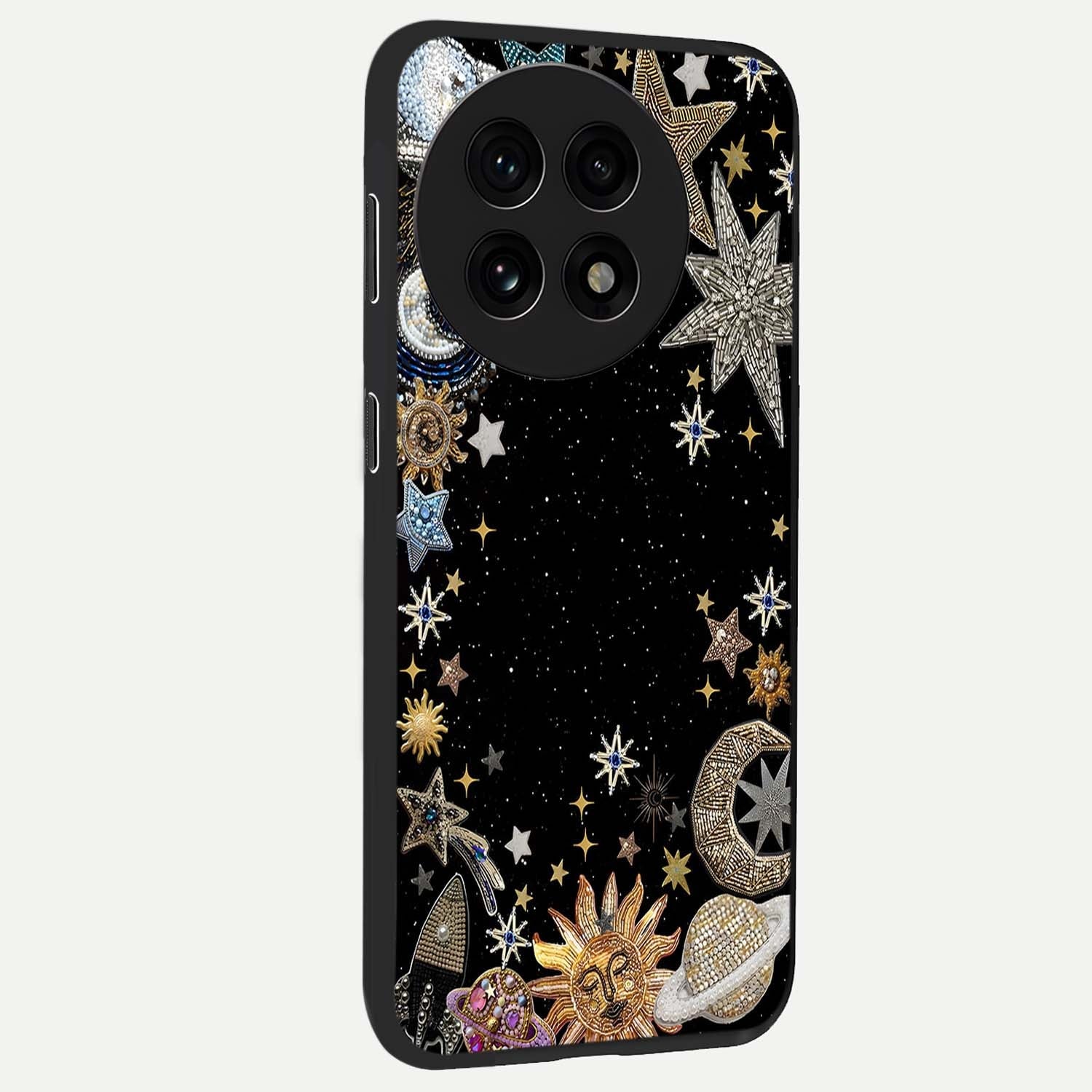 Galactic Jewel Stars Glass Case for 1+13R side perspective highlighting shimmering textures and premium edges