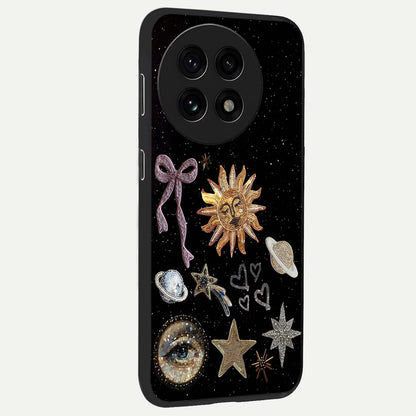 Galactic Sun Charm Glass Case for 1+13R side perspective highlighting glowing sun detailing and premium edge finish