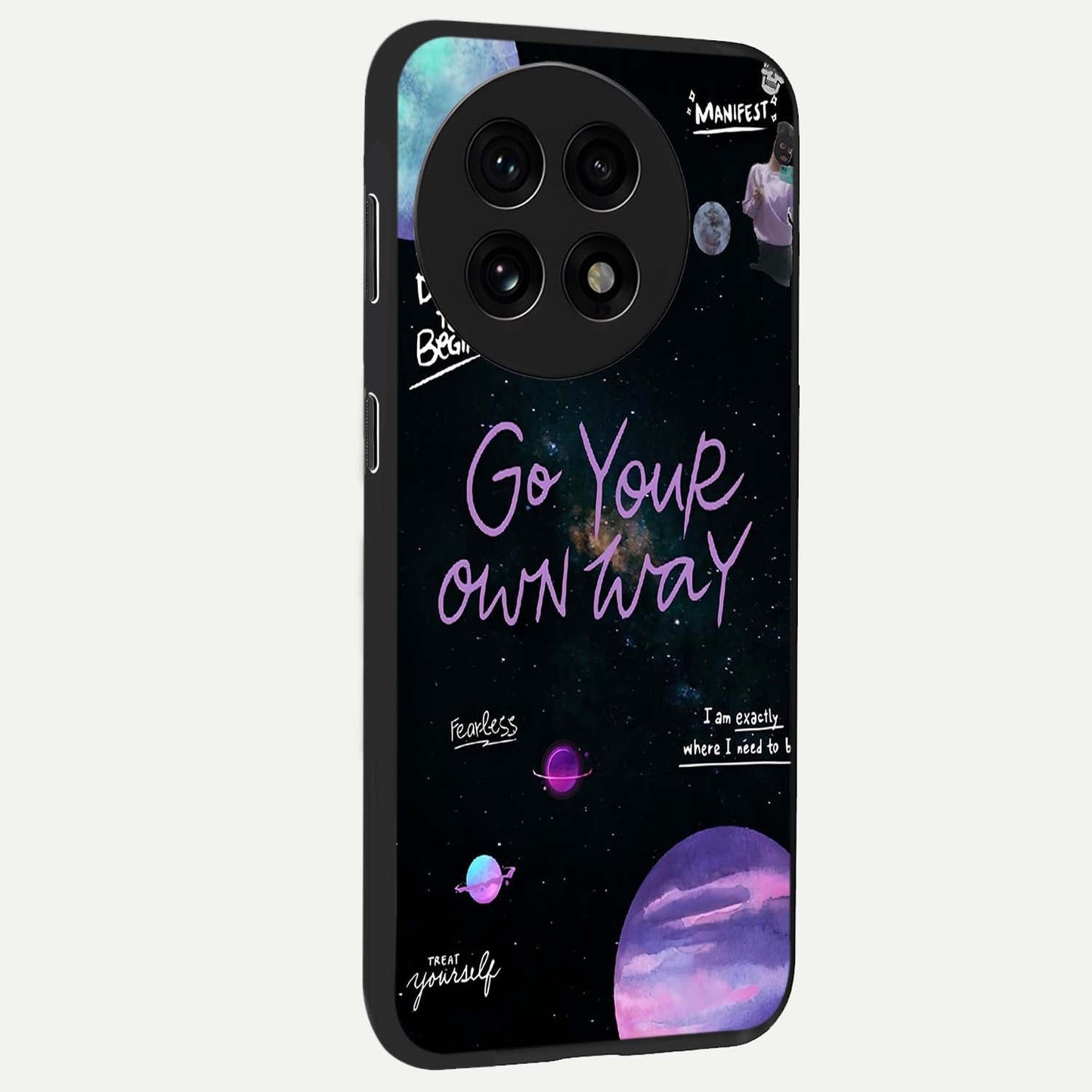 Galactic Vibes Universe Glass Case for 1+13R side perspective highlighting bold cosmic textures and sleek build