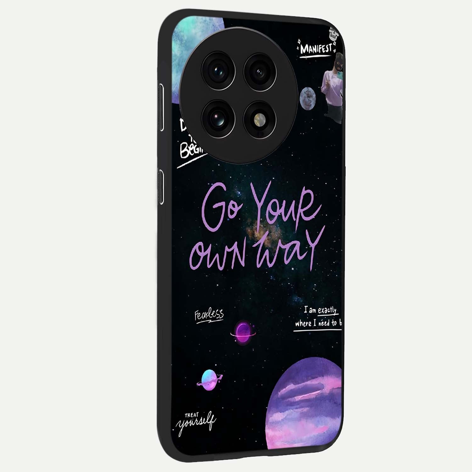 Galactic Vibes Universe Glass Case for 1+13R side perspective highlighting bold cosmic textures and sleek build