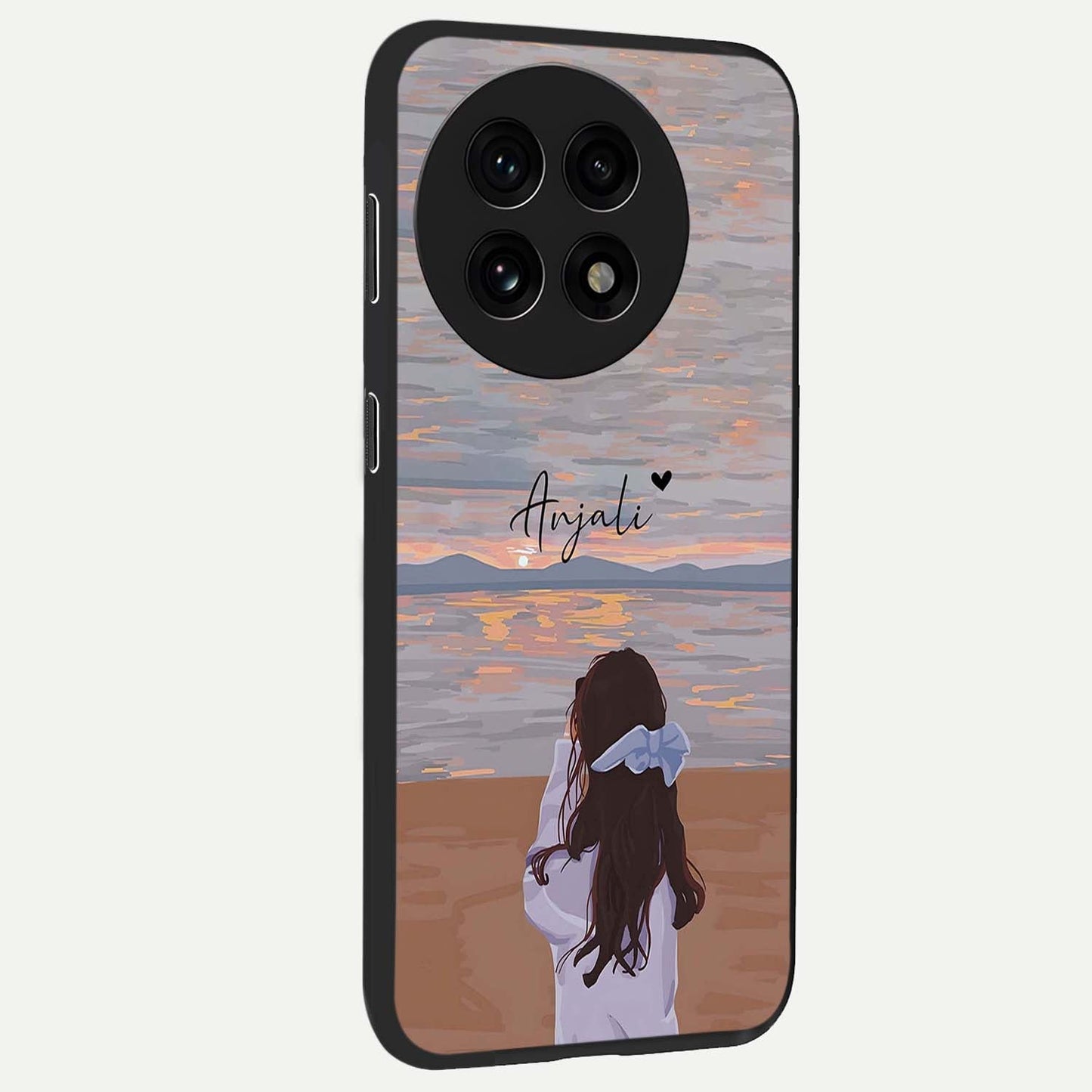 Girl Facing Sunset Beach Glass Case for 1+13R side perspective highlighting calming sunset gradients and smooth edges