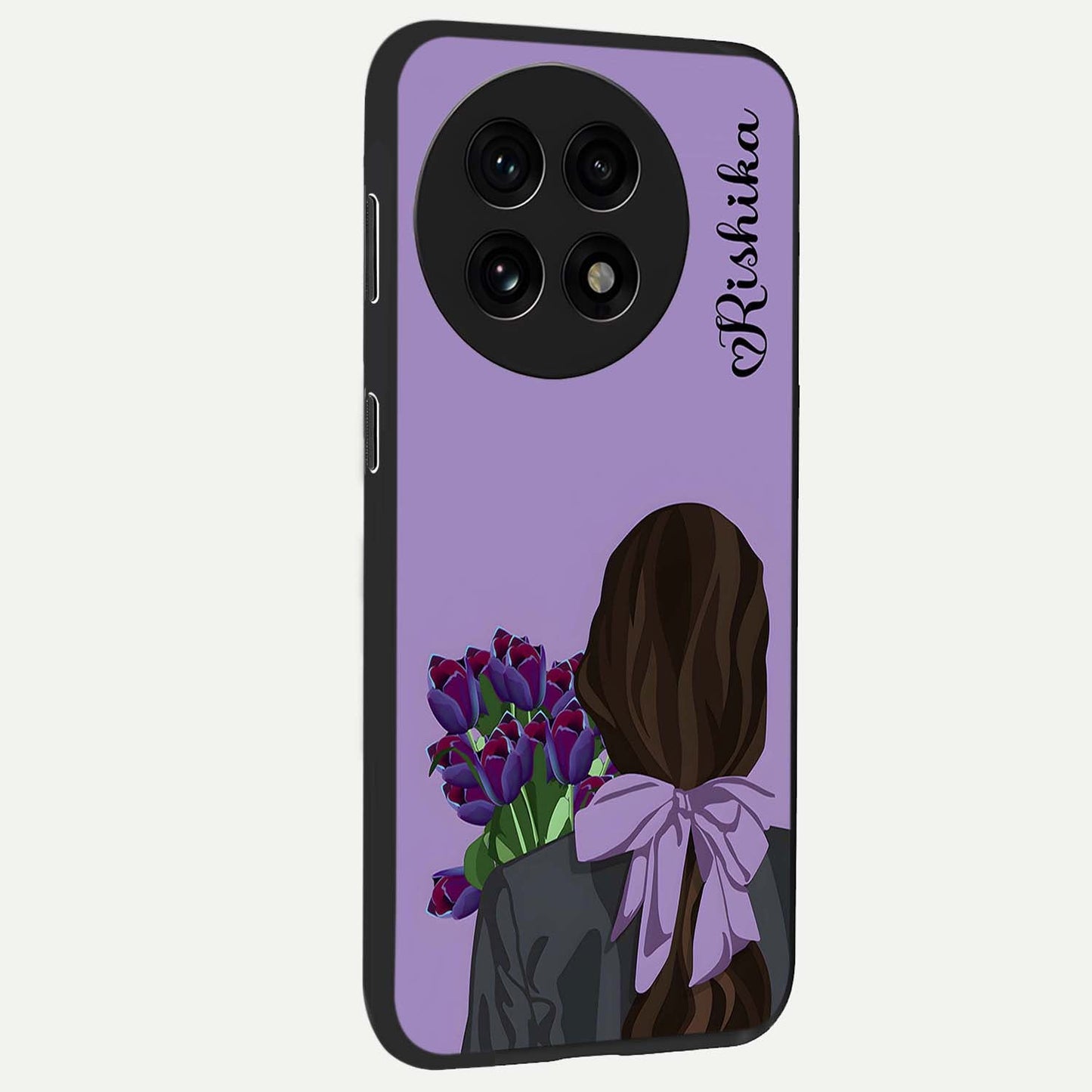 Girl Holding Flowers Glass Case for 1+13R side perspective highlighting delicate floral detailing and premium edges