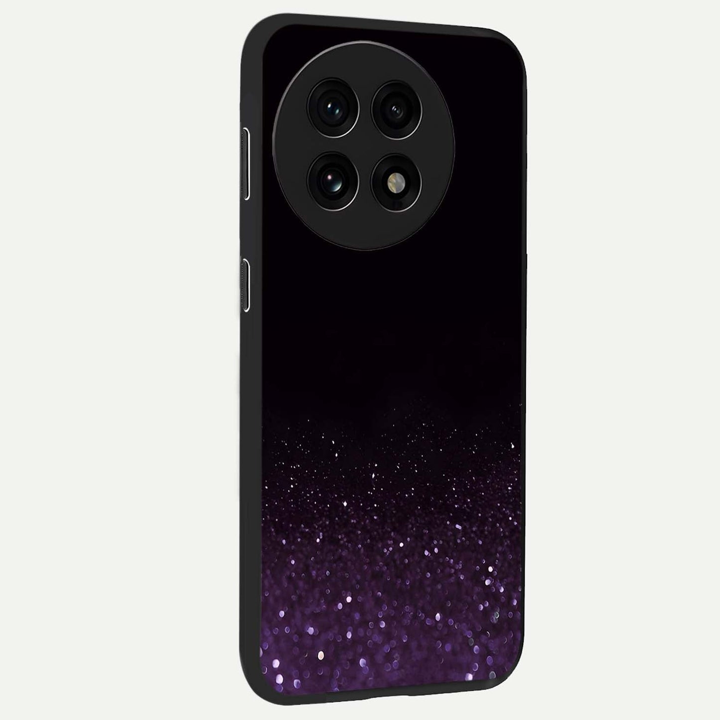 Glittery Purple Bokeh Glass Case for 1+13R side perspective highlighting glowing textures and sleek premium edges