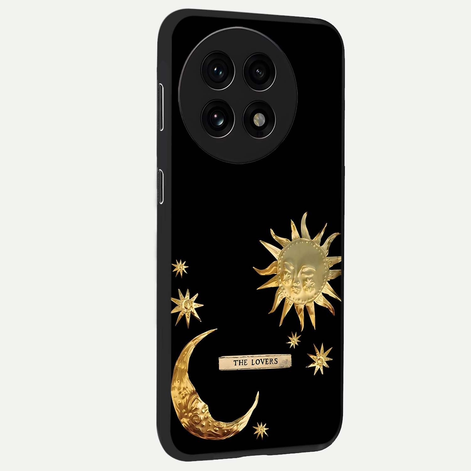 Golden Crescent Mood Glass Case for 1+13R side perspective highlighting elegant crescent detailing and smooth build